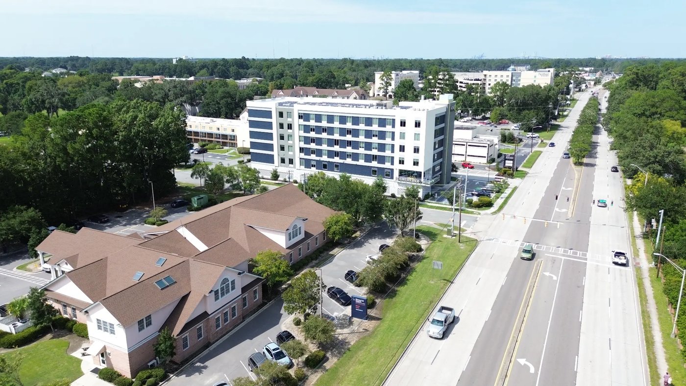 Aerial showing Abercorn Street medical corridor
