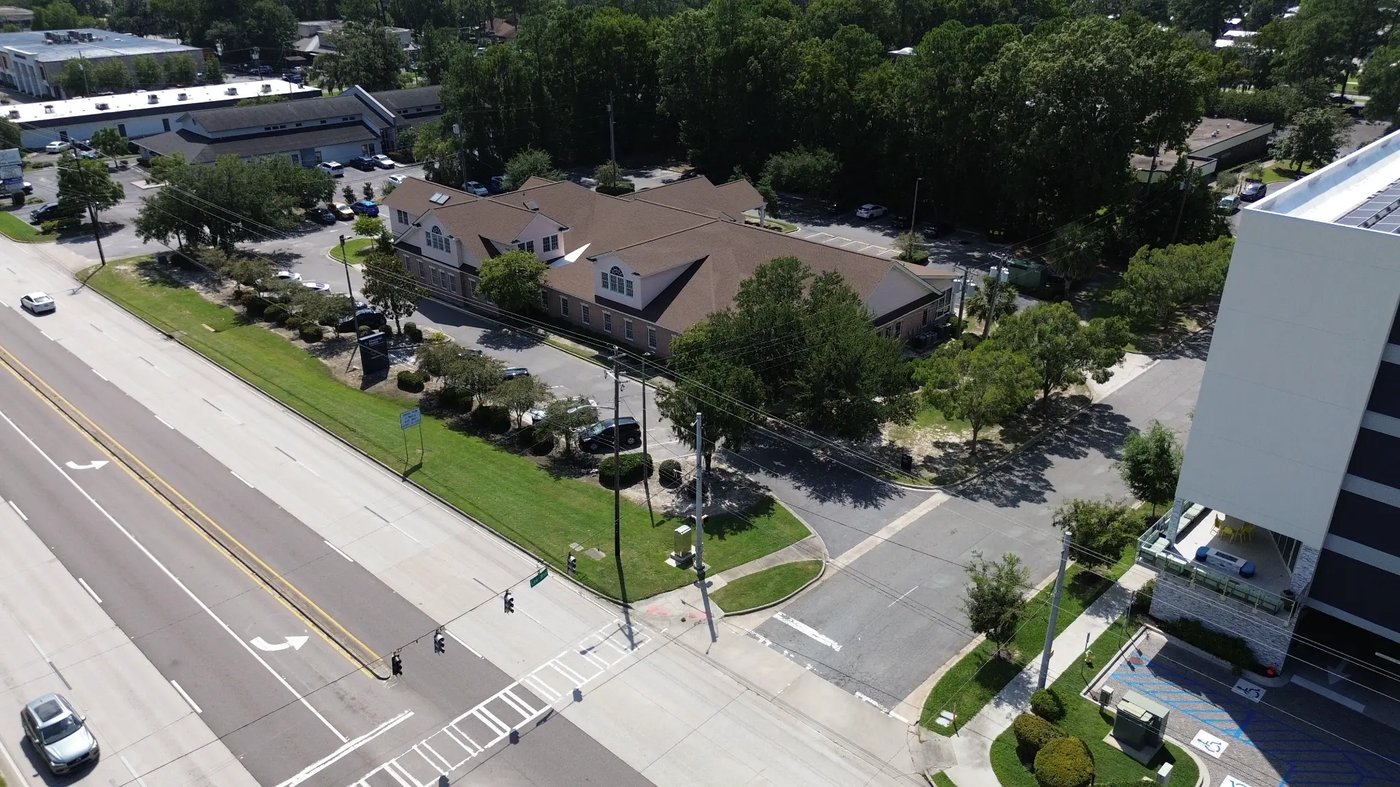 Aerial view from Abercorn Street showing building and adjacent medical office